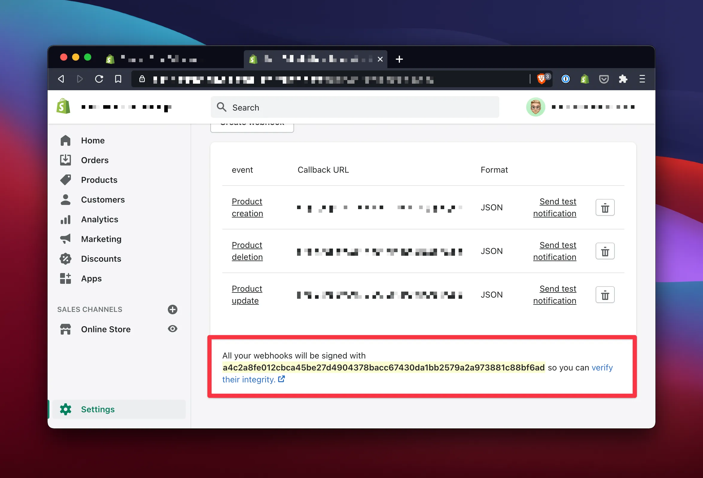 Location of the Shopify webhook key